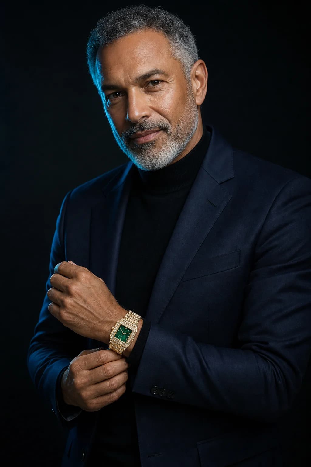 Stone-set watch worn under a tailored cuff, studio portrait